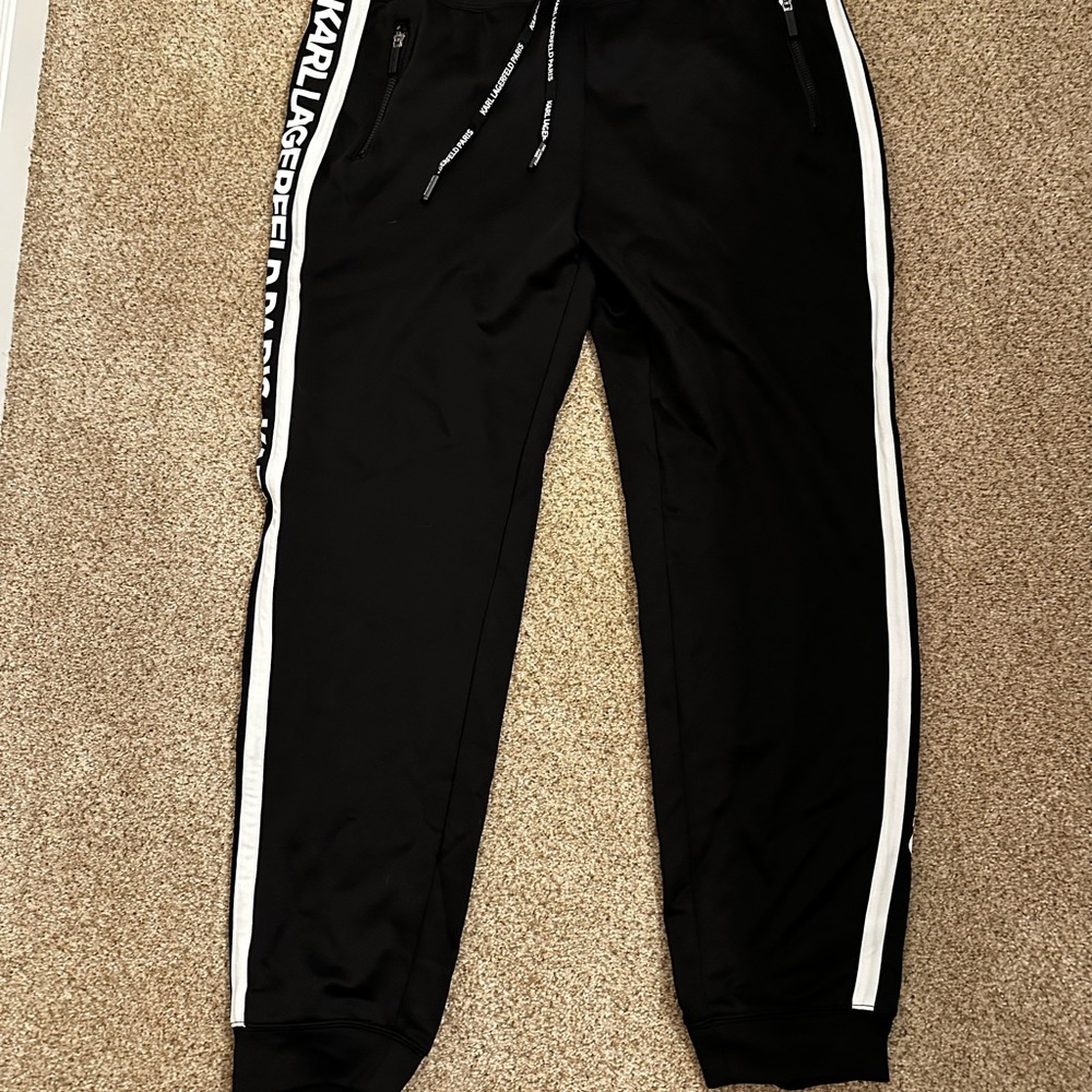 Like New! $110 Karl Lagerfeld Paris Black Joggers with White Stripes sz L - Picture 11 of 15